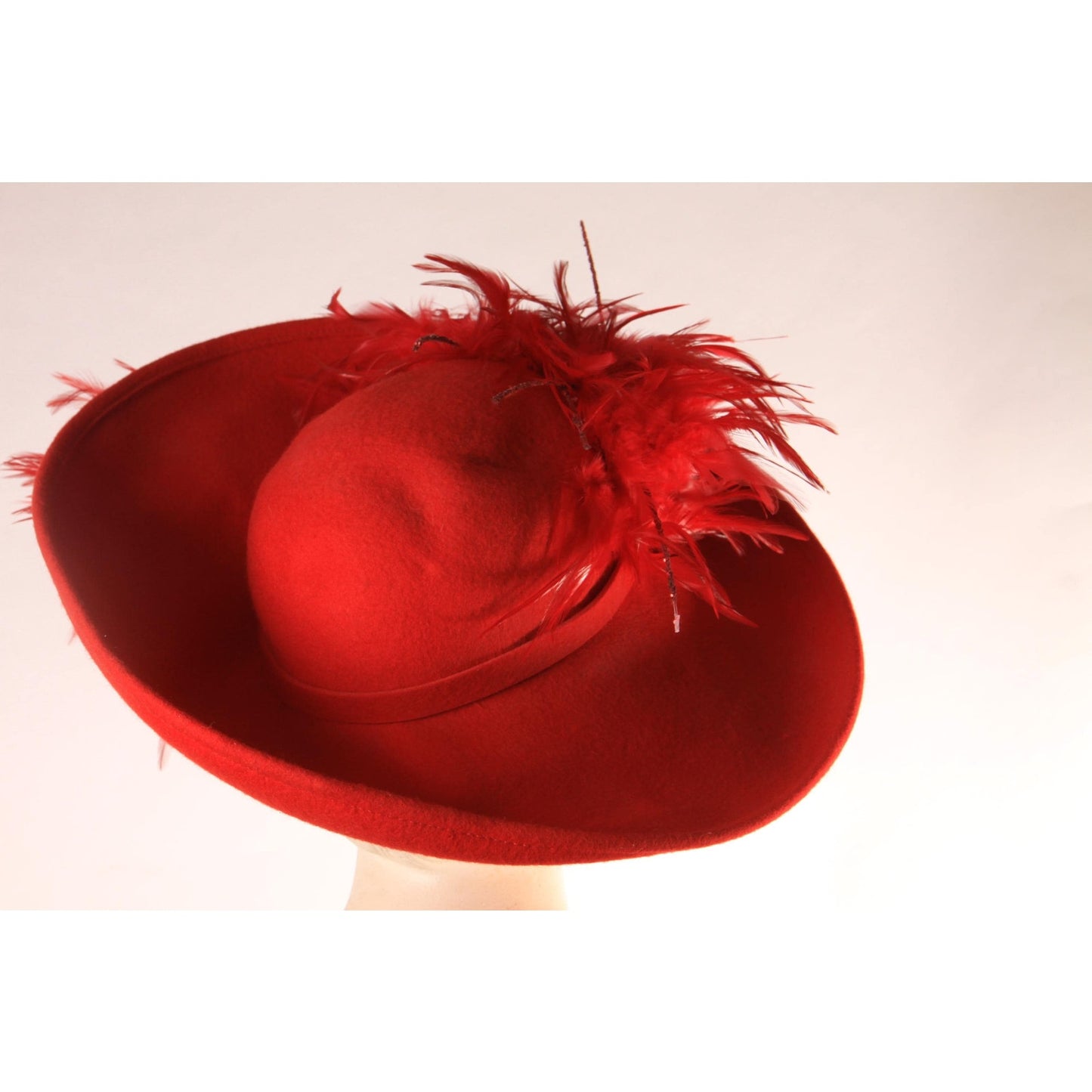 1980s Red Wool Felt Wide Brim Glitter and Feather Avant Garde Formal Hat by Deborah Fashions