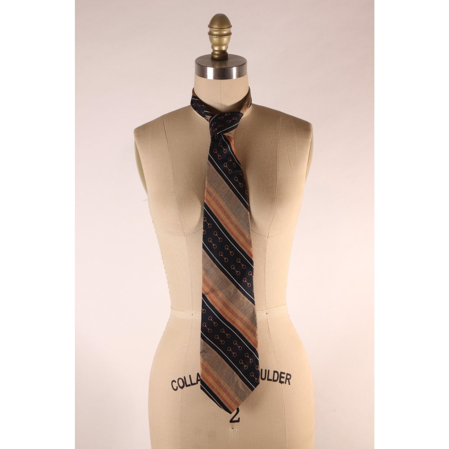 1970s Navy Blue, Brown and Orange Striped Equestrian Bit Horse Necktie Tie