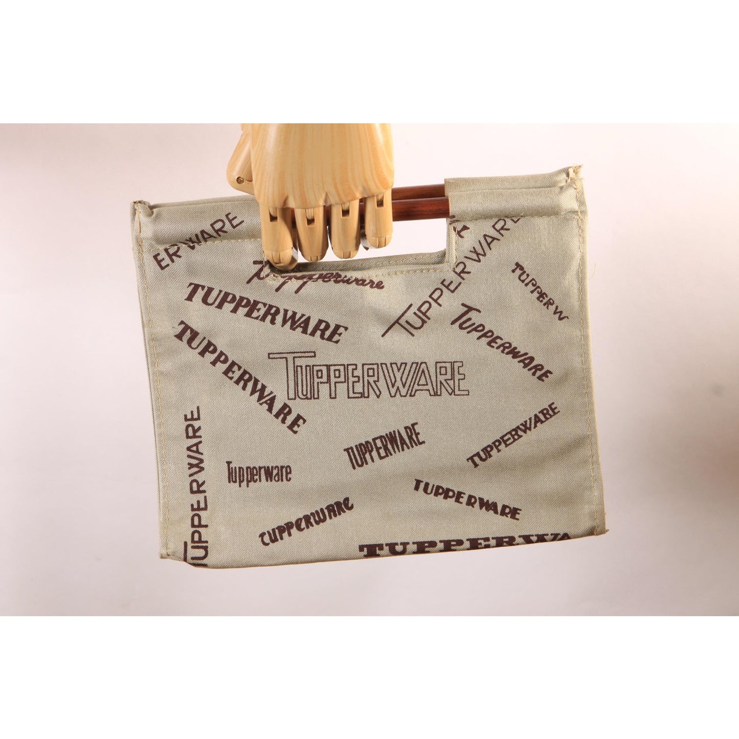 Deadstock 1970s Tan and Brown Novelty Tupperware Advertisement Wood Top Handle Purse Bag