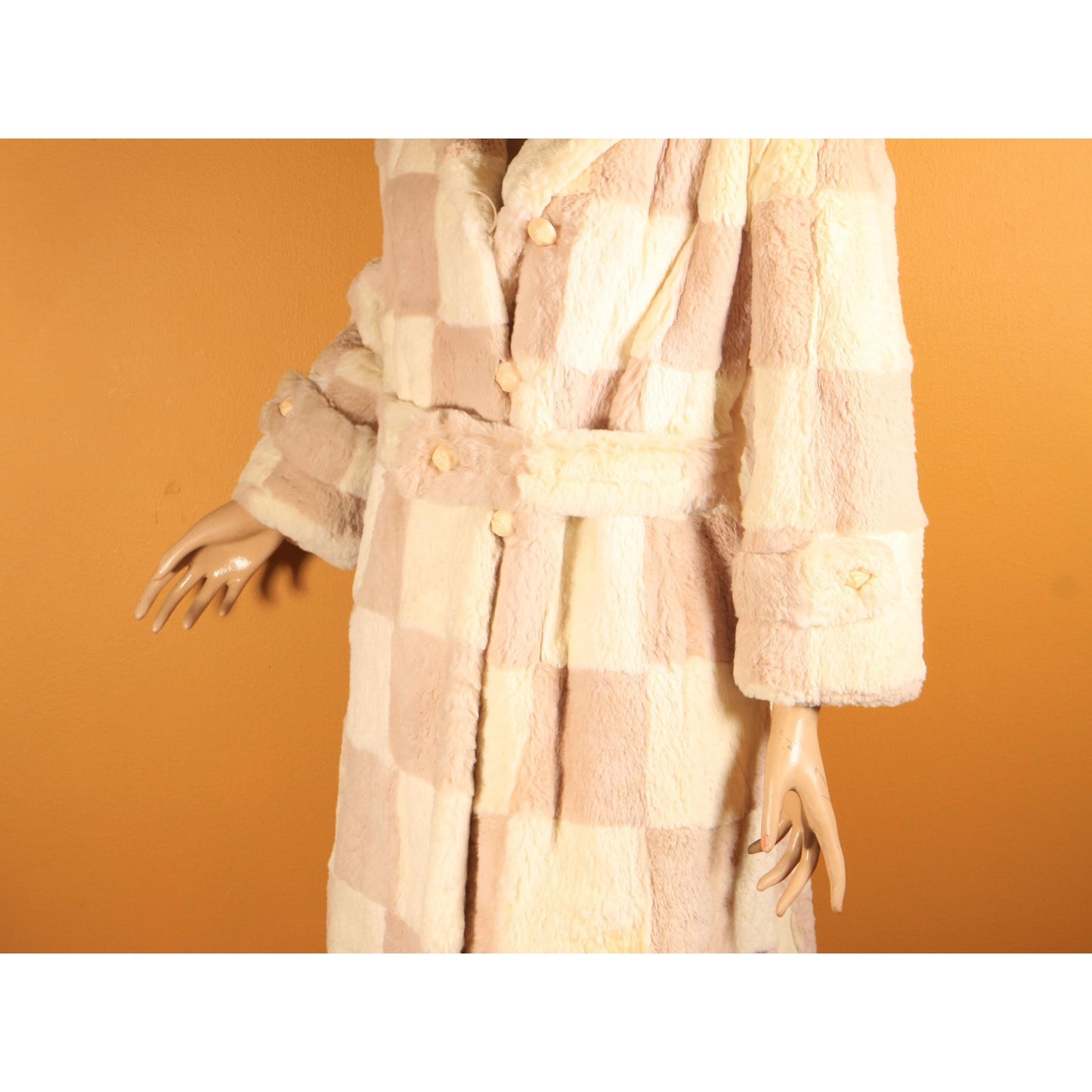 1960s Light Pink and White Sheared Dyed Chinchilla Fur Checkerboard Mod Belted Coat by Famous Barr -M-L