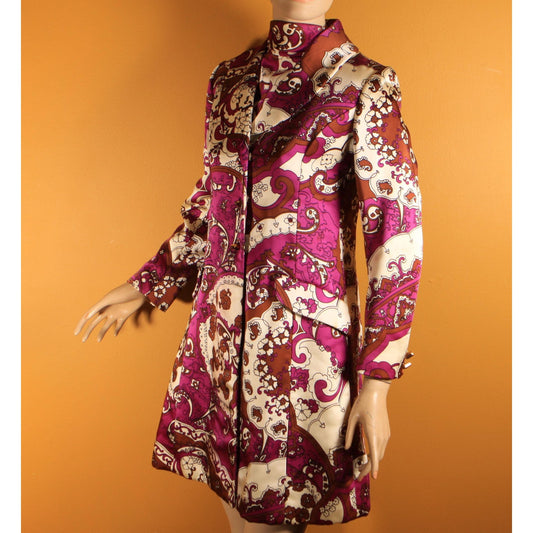 1960s Purple, White, Black Brown Psychedelic Swirl Sleeveless Belted Dress with Matching Long Sleeve Jacket Two Piece Outfit by Leo Narducci