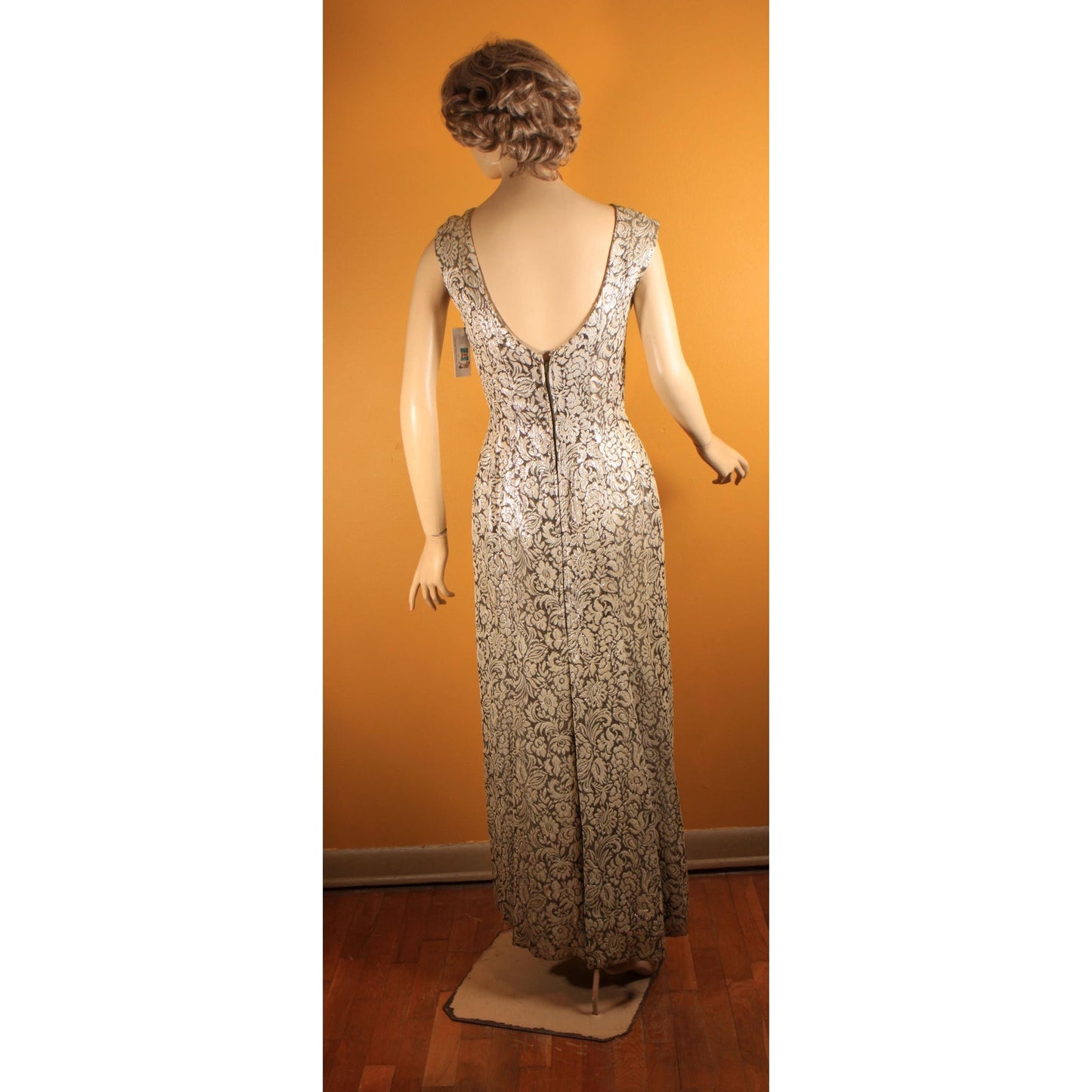 Early 1950s Gold & Brown Lurex Floral Mink Fur Trim Sleeveless Cocktail Dress with Matching Cropped Jacket and Muff by Terry Allen Original