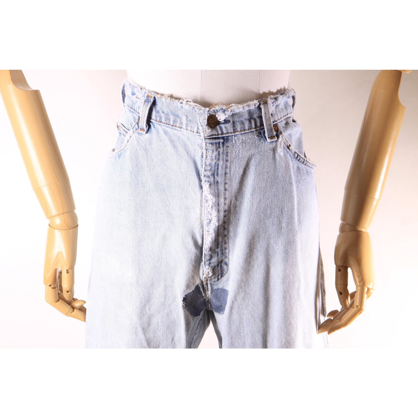 1980s Distressed Patch Fraying Blue Denim Orange Tab 517 Jeans by Levi's -38x29