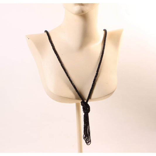 1920s Black Glass Beaded Tassel Fringe Flapper Necklace