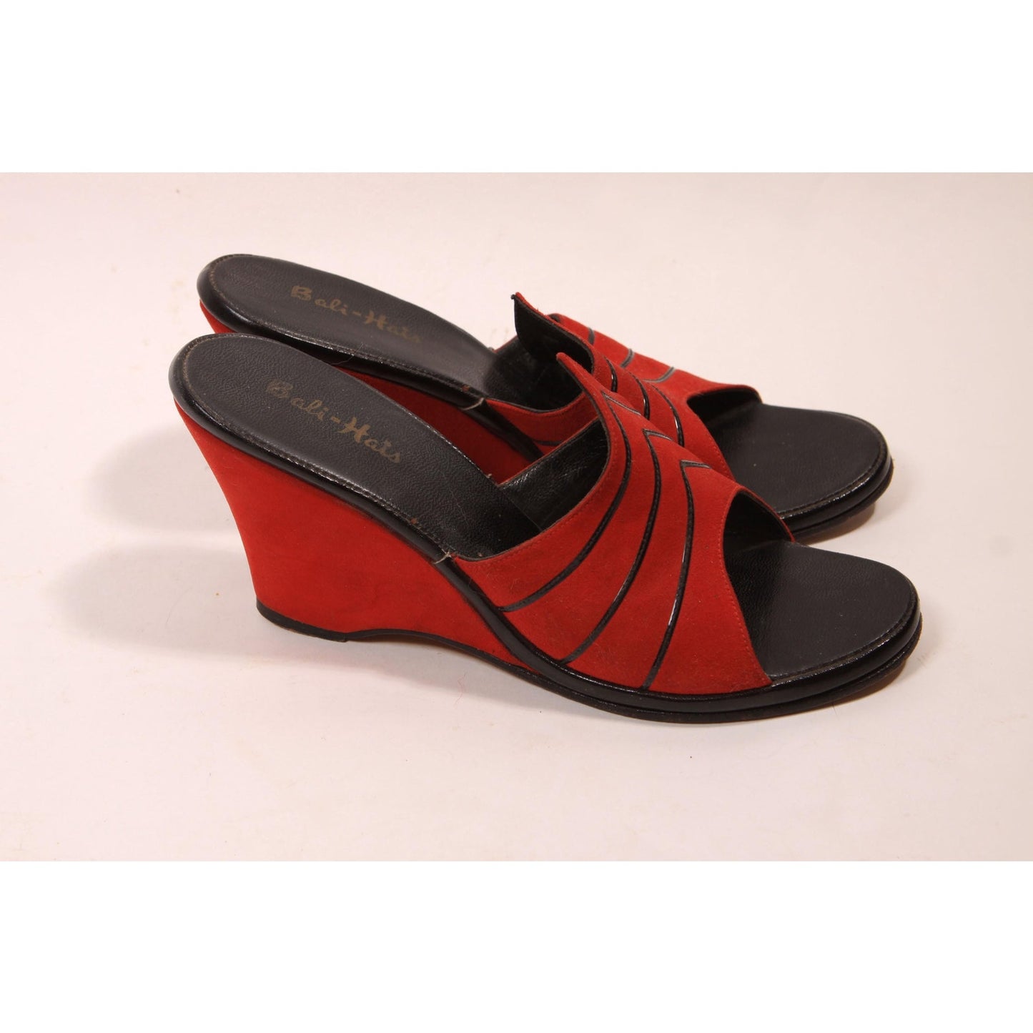 1950s Red and Black High Heel Wedge Slip On Boudoir Heels Slippers by Bali-Hais