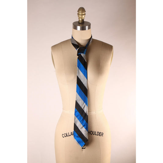 1970s Black, Gray and Electric Blue Striped Necktie Tie