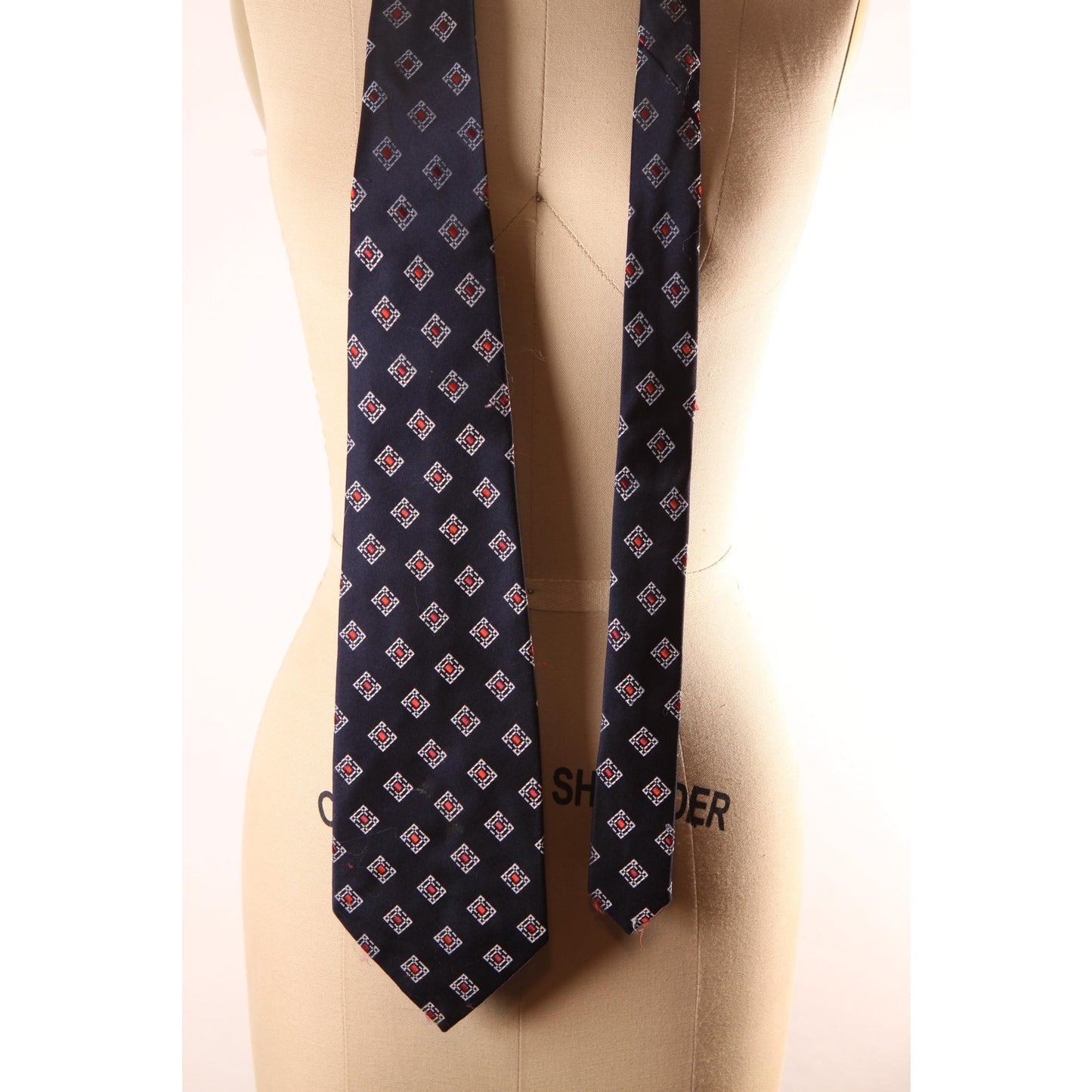 1970s Navy Blue, White and Red Geometric Necktie Tie by Carnival