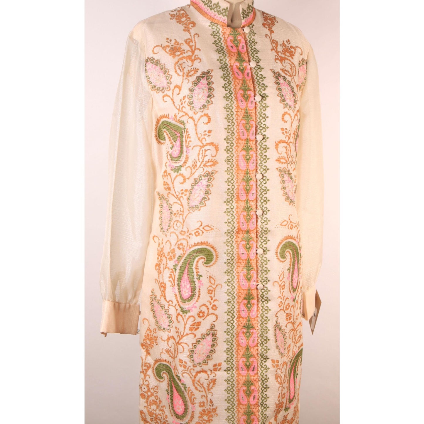 1960s Pale Beige Pink and Green Swirl Paisley Print Sheer Long Sleeve Hawaiian Dress by Alfred Shaheen -S-M