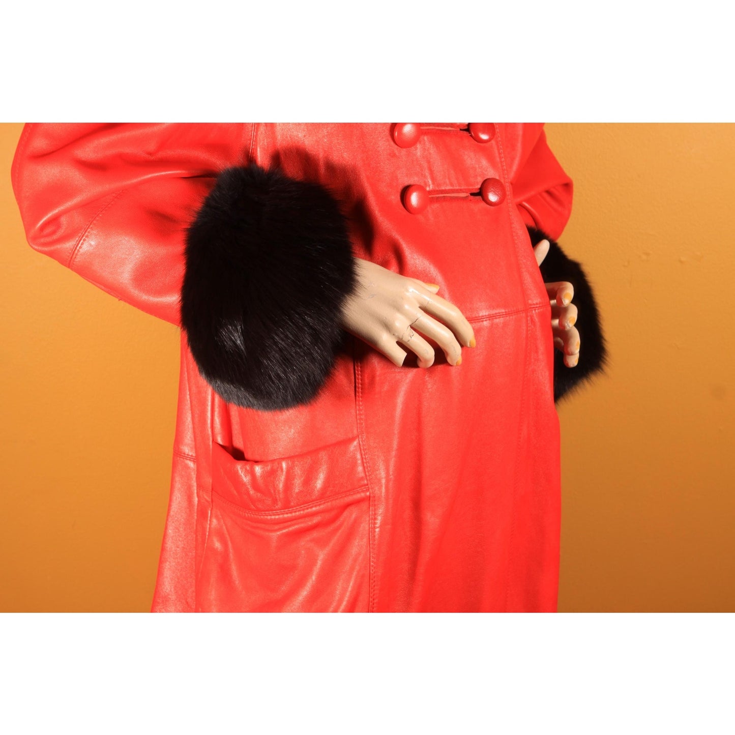1980s Red Leather and Black Fox Fur Trim Long Sleeve Coat by McDaniel's -XL