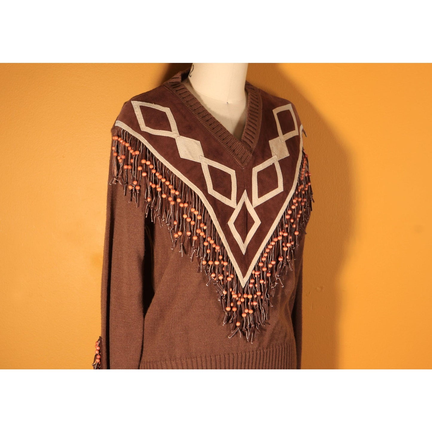 1970s Brown Suede Leather Fringe Beaded Pullover Sweater by Miller Miller Miller -L
