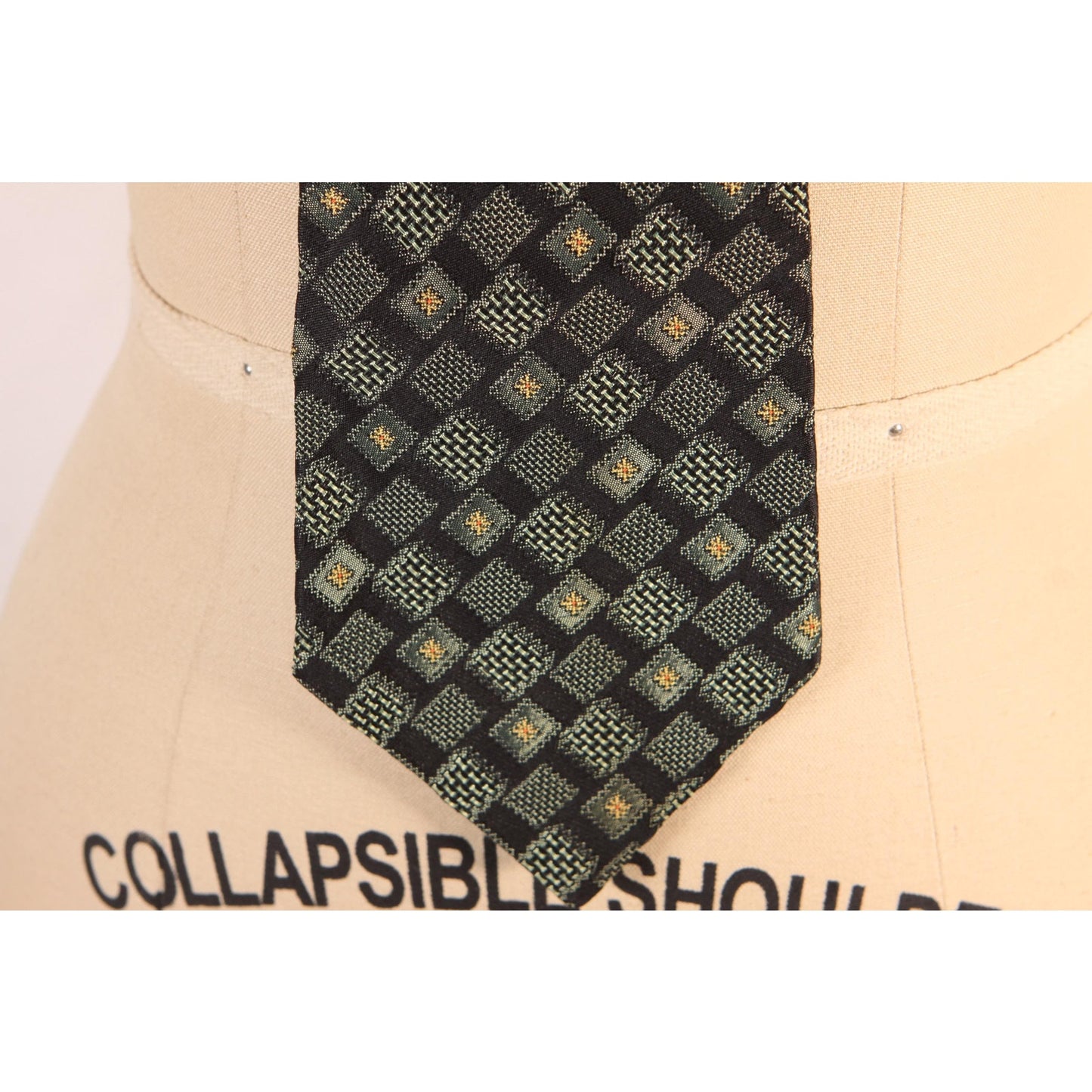1960s Green and Yellow Geometric Clip On Necktie Tie by Rhynecliffe