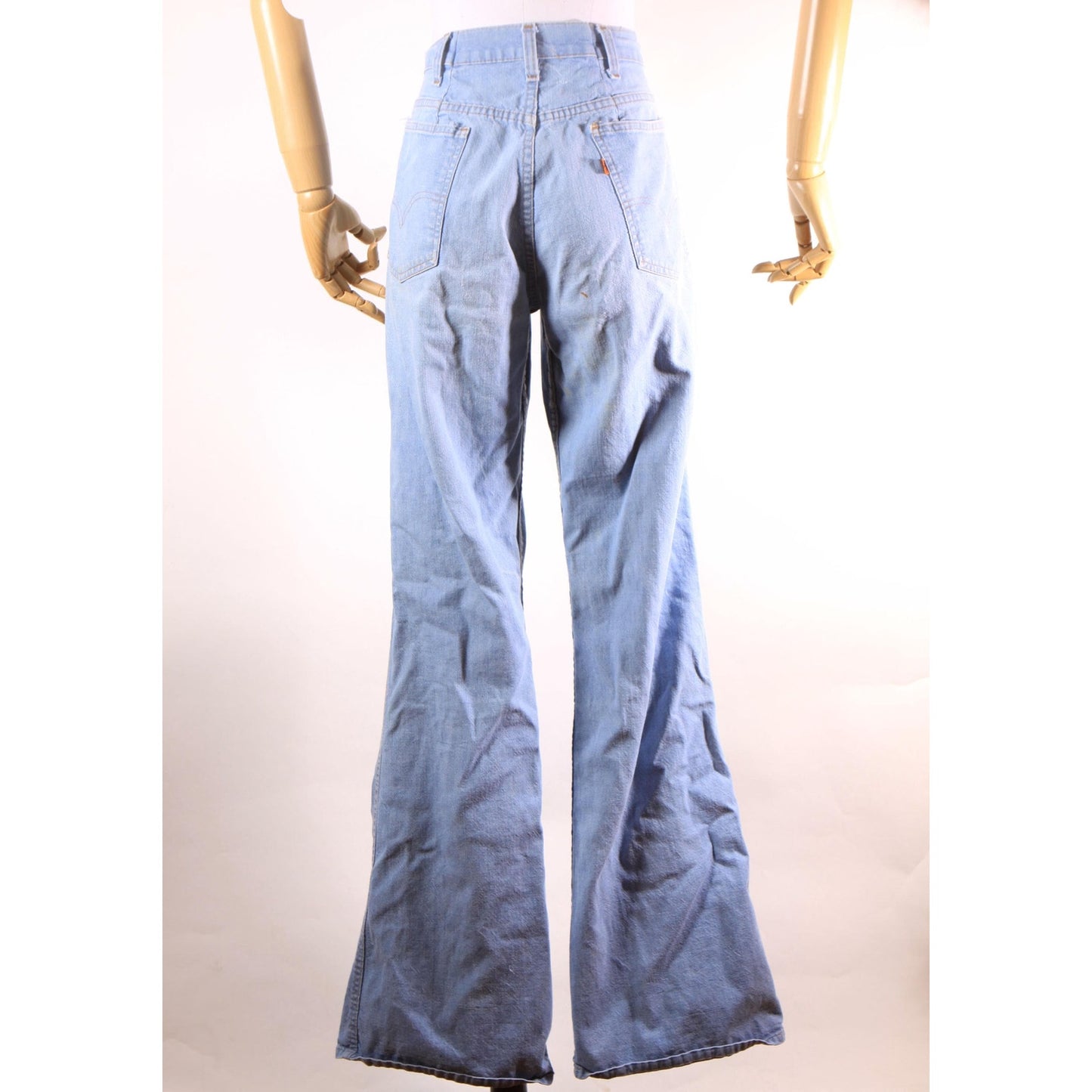 1970s Blue Light Wash Flared Button Fly Denim Orange Tab Jeans by Levi's