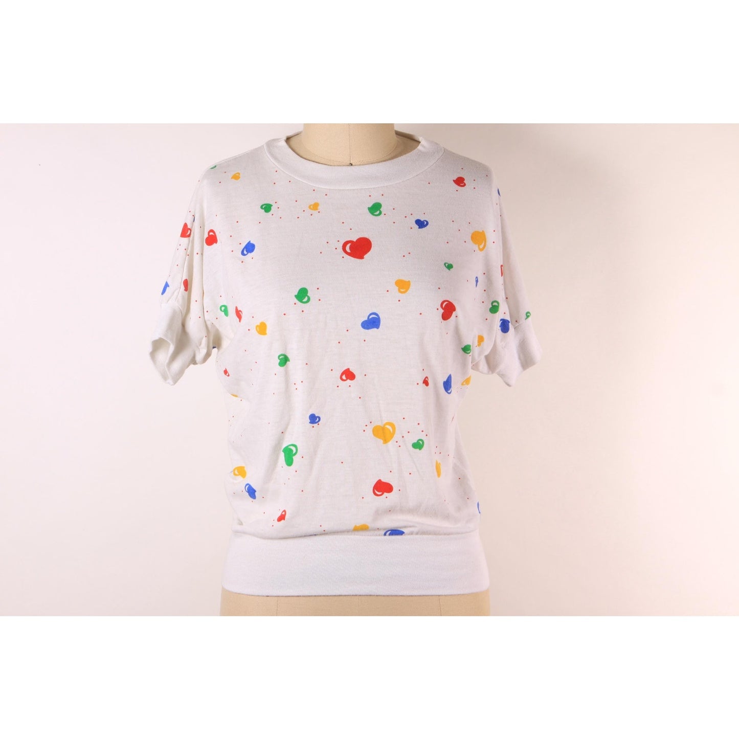 1980s White, Red, Yellow, Blue and Green Novelty Clowncore Heart Print Short Sleeve T-Shirt -S