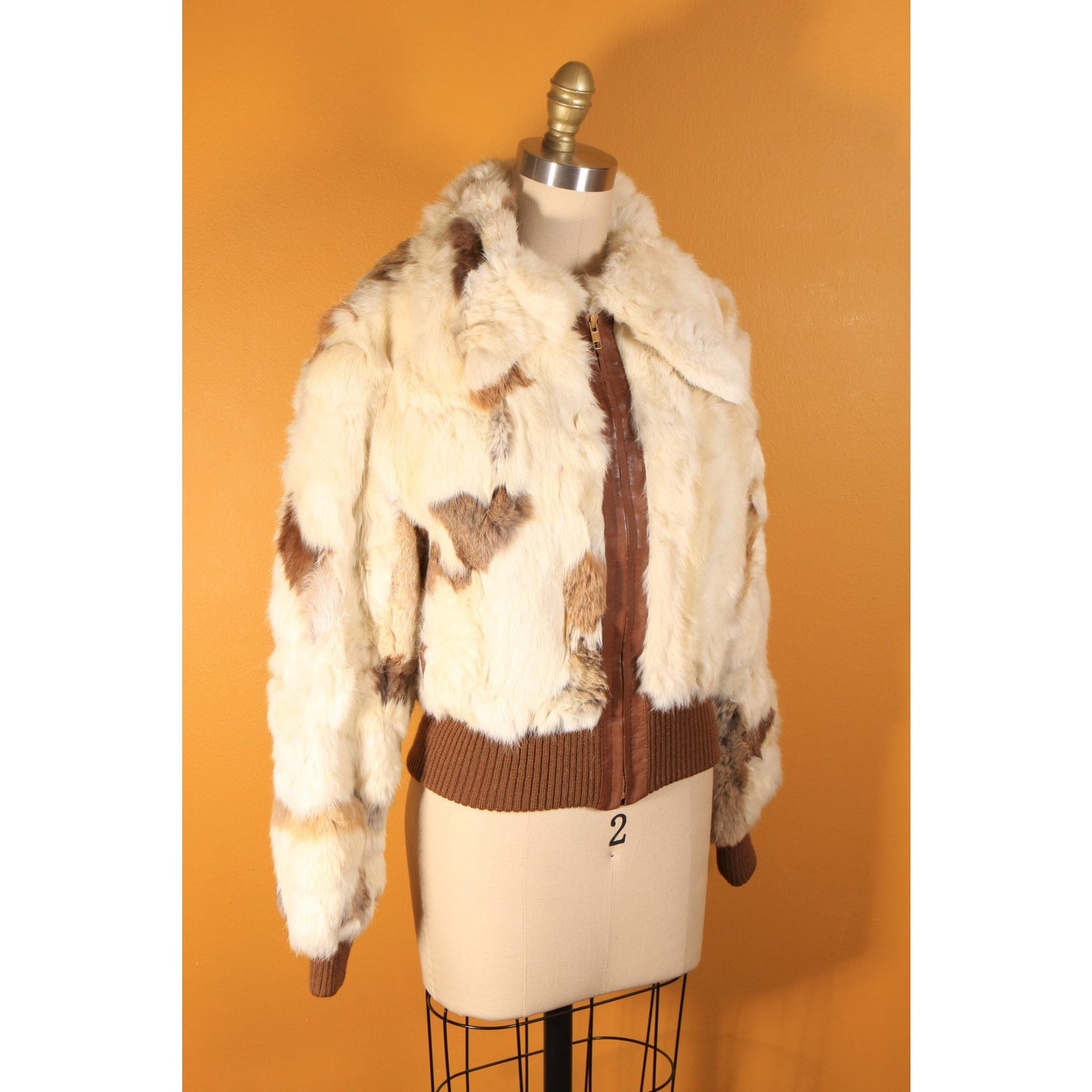1970s White, Cream, Gray and Brown Multi-Colored Patchwork Rabbit Fur Cropped Coat -S