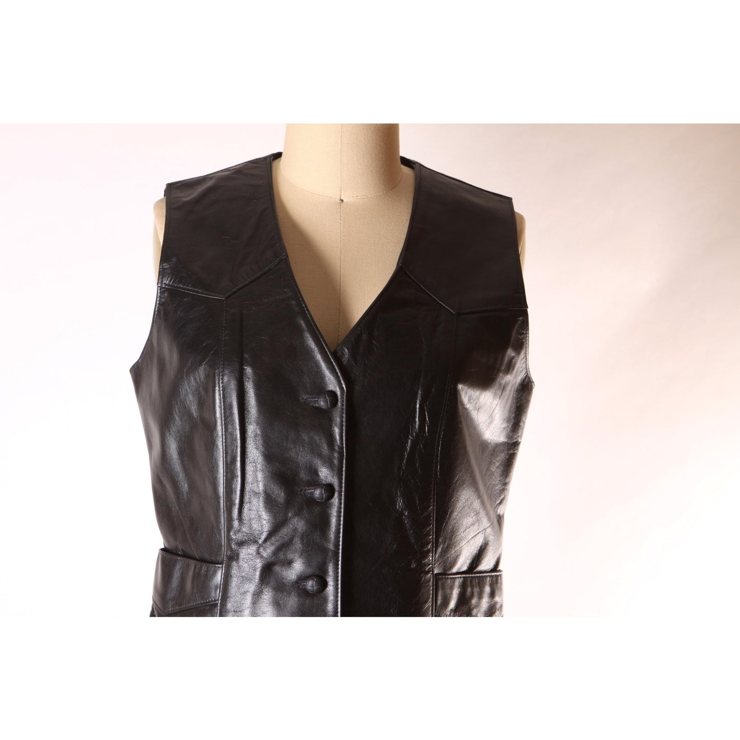 1970s Black Leather Button Down Pocketed Western Vest by Tony Lama -S-M