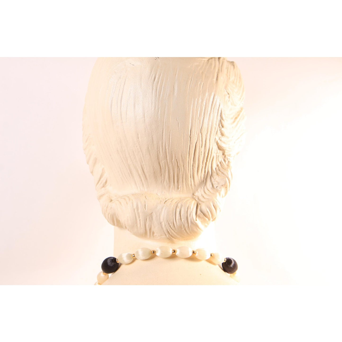 1960s White, Black and Gold Tone Metal Satin Circle Beaded Necklace