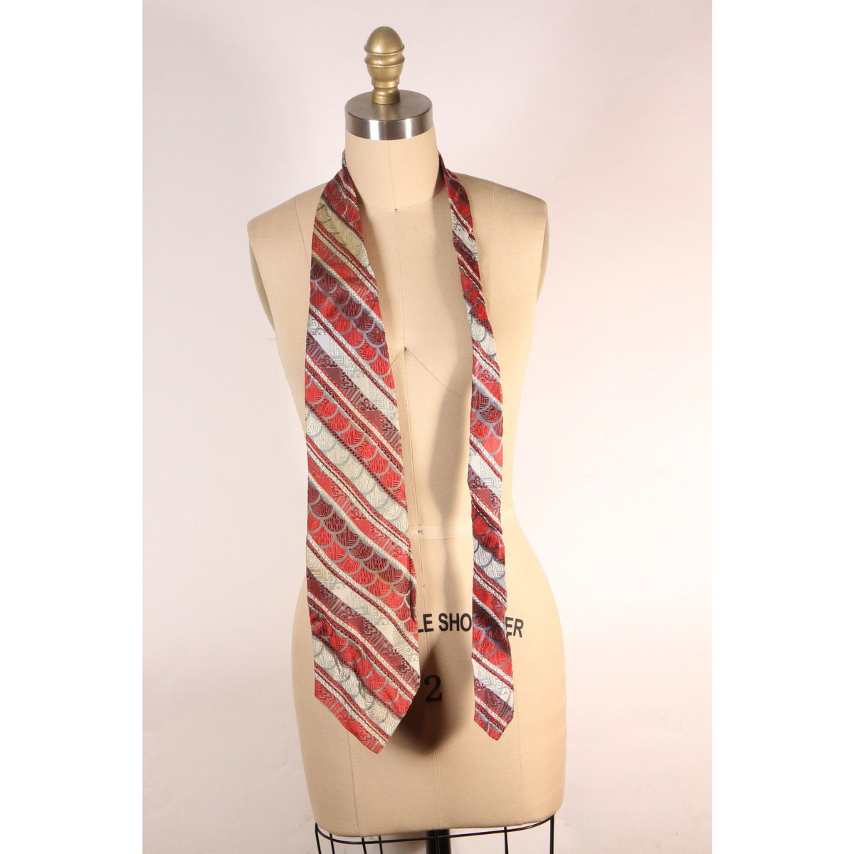 1970s Red, Gray and White Silk Striped Patterned Wide Necktie Tie