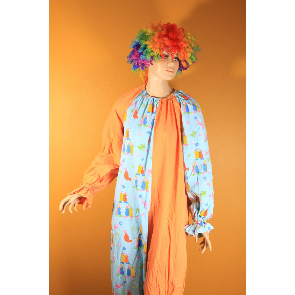 1960s Orange Blue Multi-Colored Novelty Clown Circus Print One Piece Clown Costume
