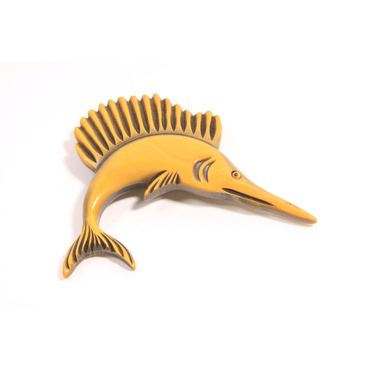 1940s 1950s Novelty Yellow Carved Bakelite Marlin Sailfish Swordfish Brooch