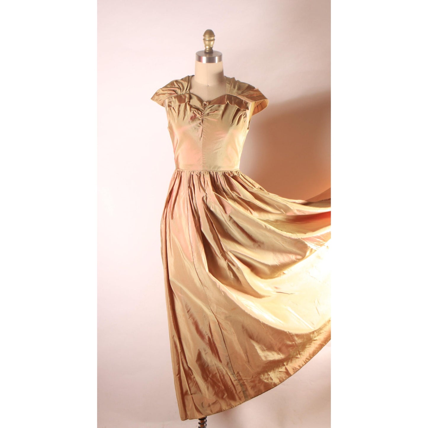 1940s Bronze Brown and Green Sharkskin Acetate Sleeveless Attached Wrap Full Length Formal Prom Dress -XS
