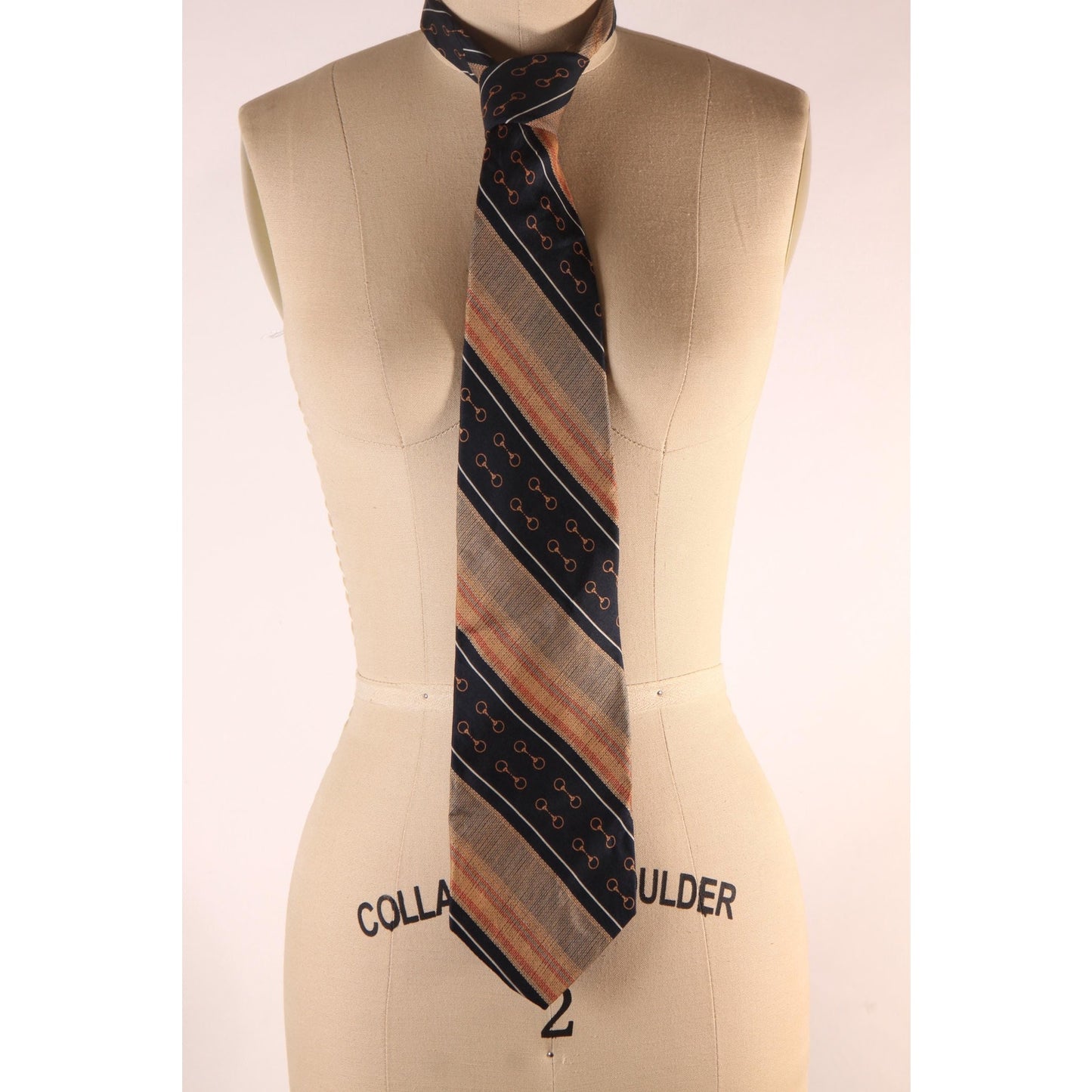 1970s Navy Blue, Brown and Orange Striped Equestrian Bit Horse Necktie Tie