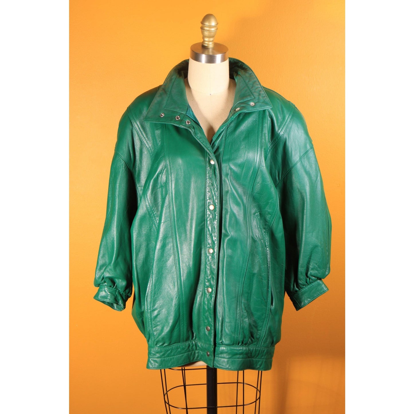 1980s Green Leather Metal Snap 3/4 Length Sleeve Jacket Coat