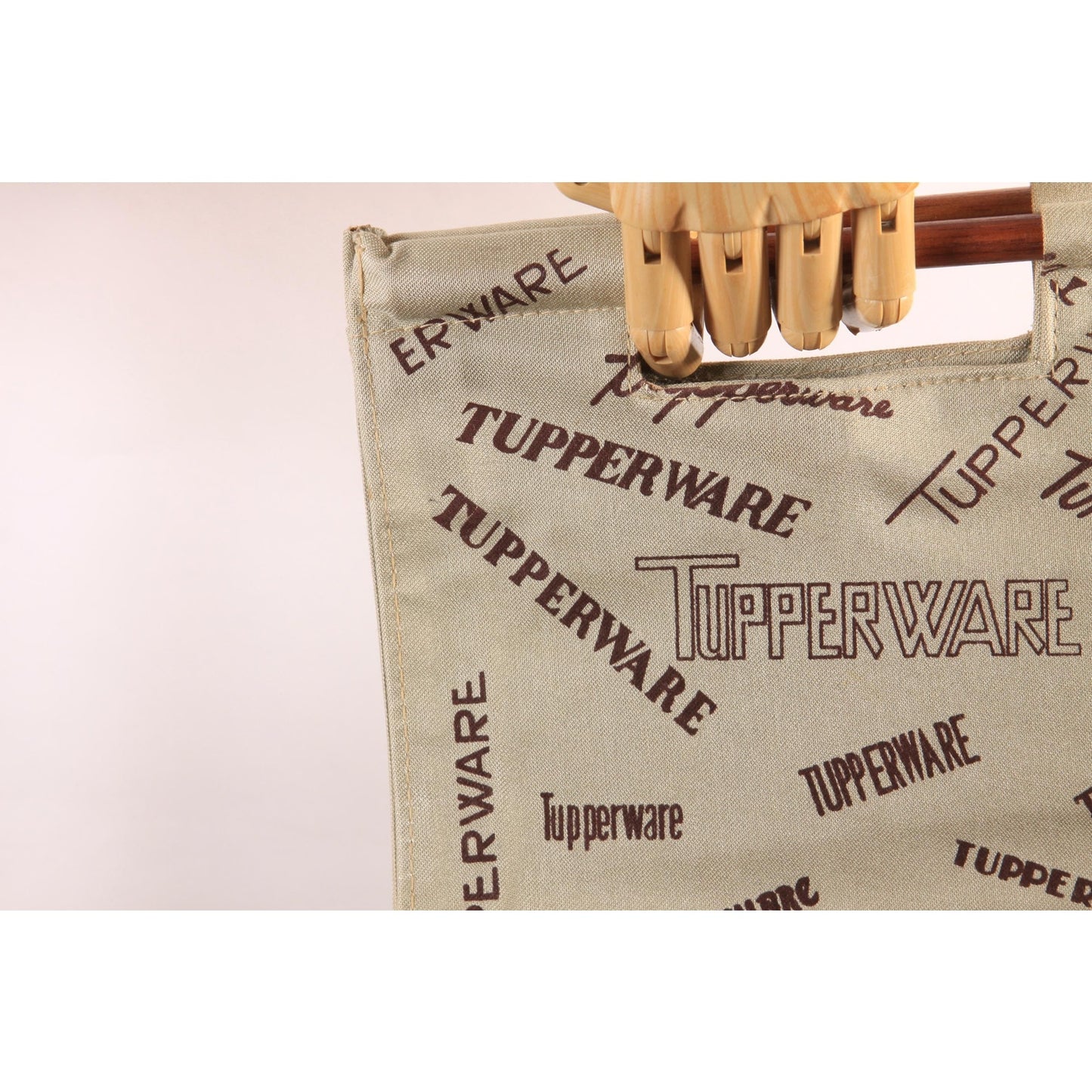 Deadstock 1970s Tan and Brown Novelty Tupperware Advertisement Wood Top Handle Purse Bag