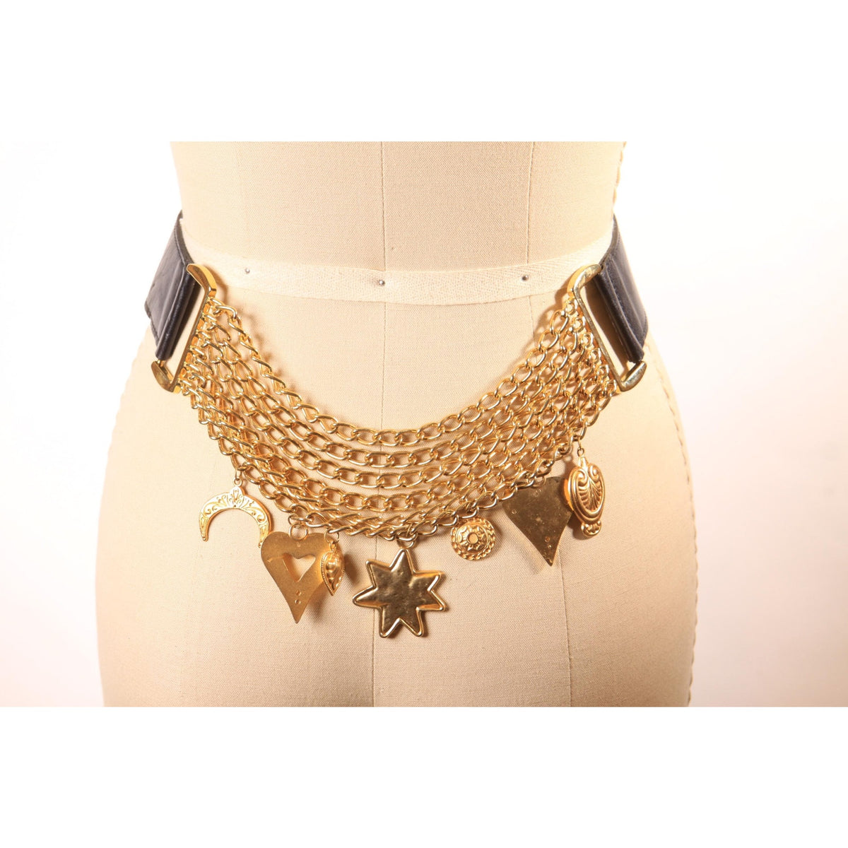 1980s Black Leather and Gold Tone Metal Escada Style Chain Heart and Stars Charm Belt by Details