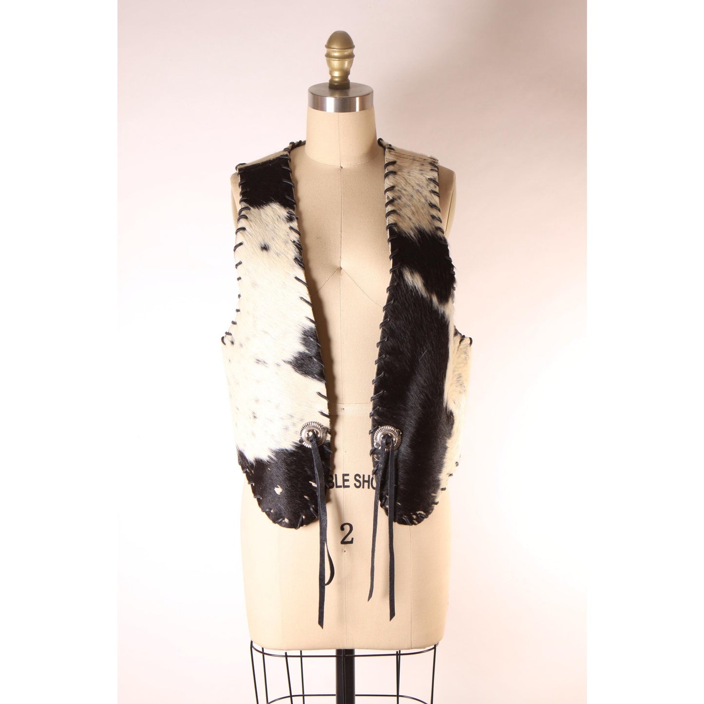 1970s Black and White Cowhide Leather Hair Cow Print Open Front Western Cowgirl Vest