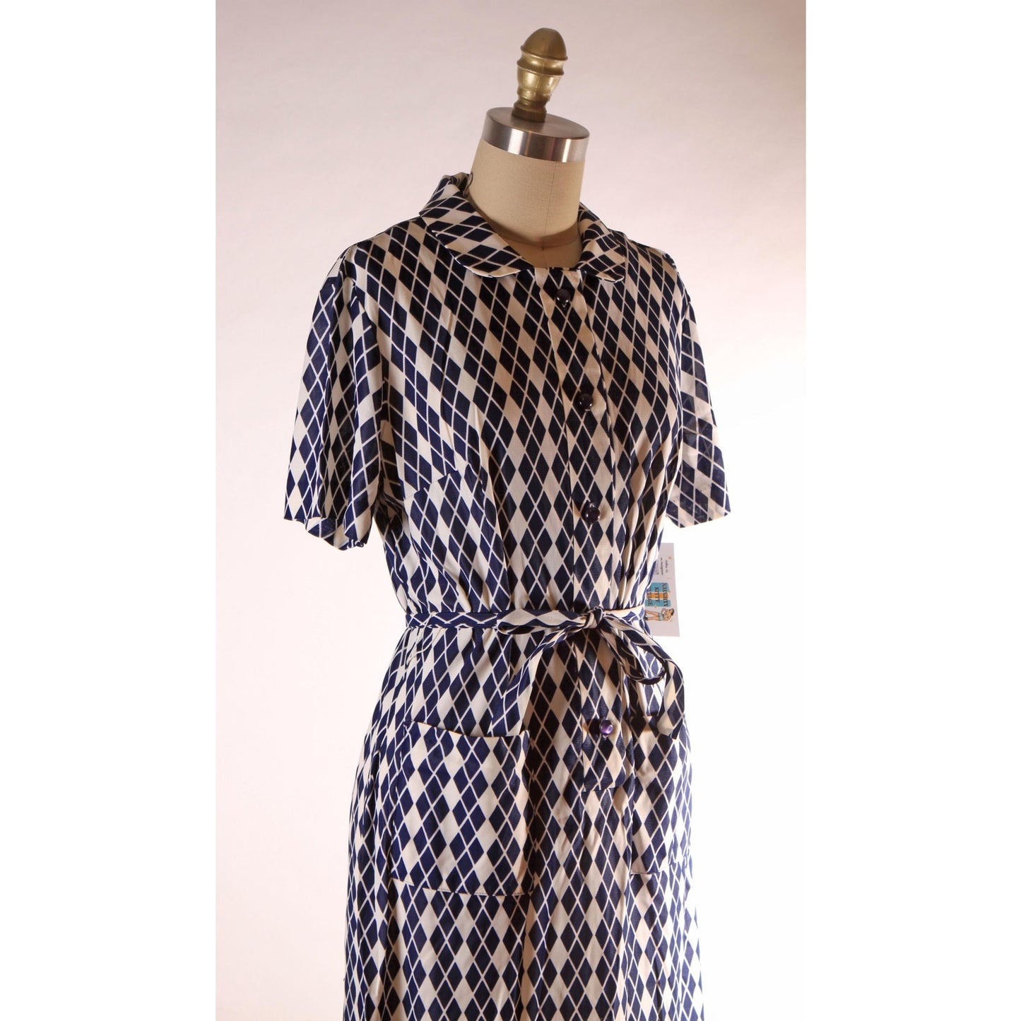 1960s Blue and White Harlequin Print Short Sleeve Belted Dress by RS Apparel -L