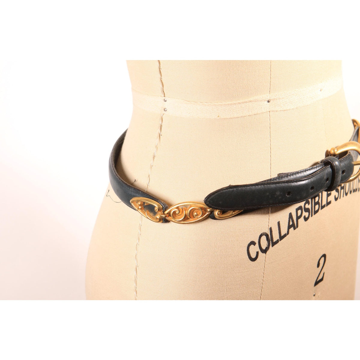 1980s 1990s Navy Blue and Gold Leather and Metal Filigree Belt by Brighton
