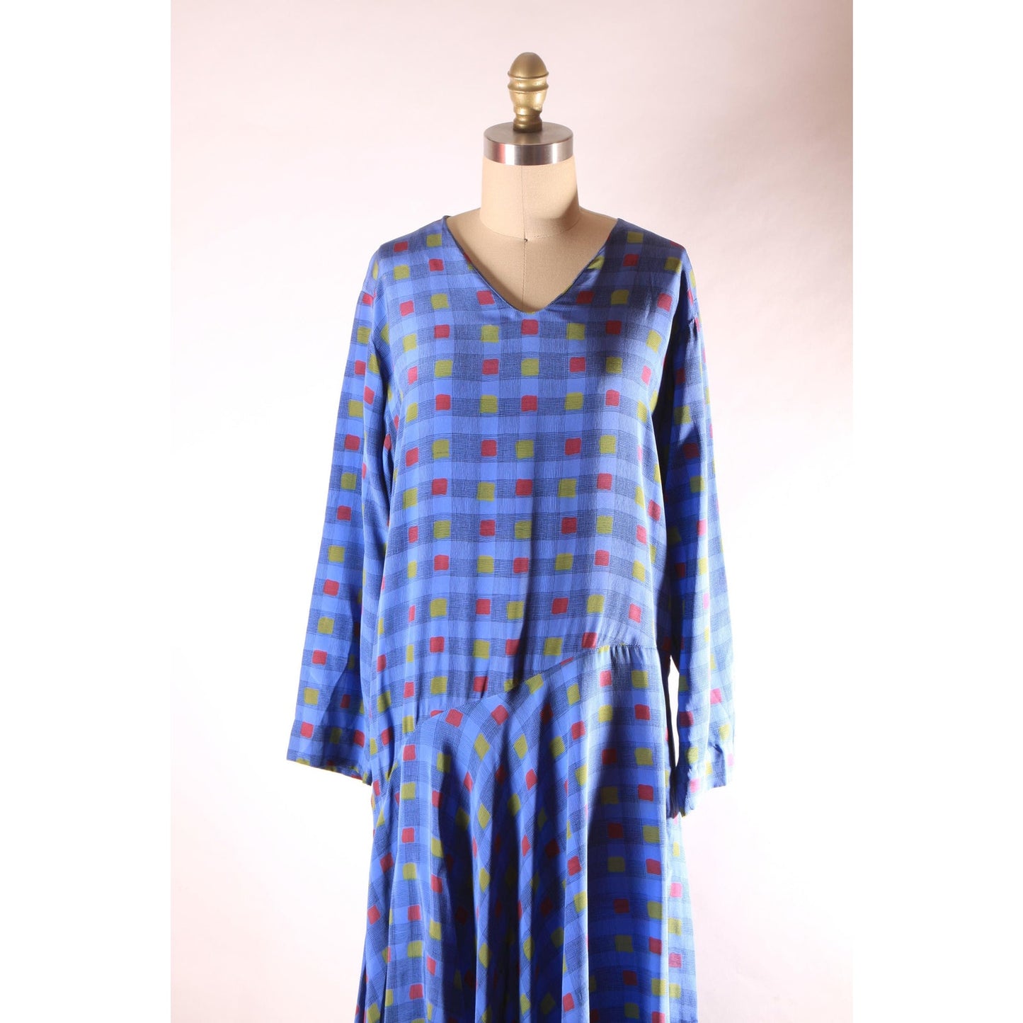 1970s Long Sleeve Blue, Black, Red and Yellow Asymmetrical Drop Waist V Neck Geometric Plaid Dress by Valentino