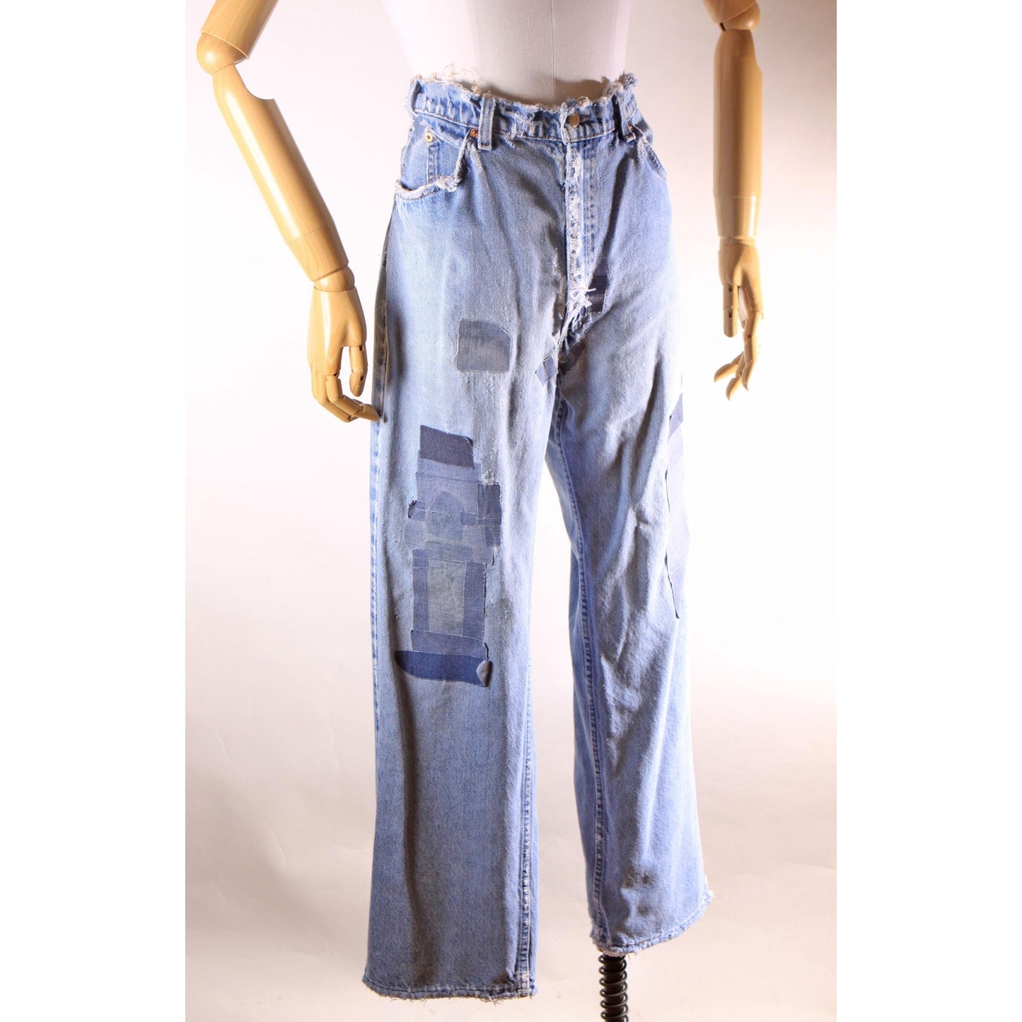 1980s Distressed Patch Fraying Blue Denim Orange Tab 517 Jeans by Levi's -38x30