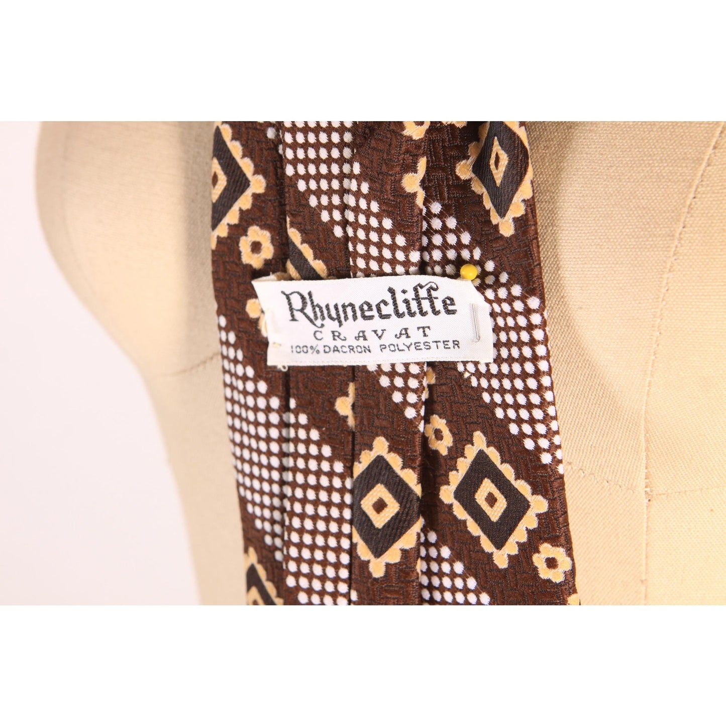 1960s Brown and Cream Geometric Clip On Necktie Tie by Rhynecliffe