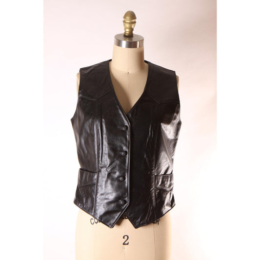 1970s Black Leather Button Down Pocketed Western Vest by Tony Lama -S-M
