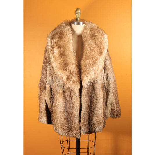 1970s Brown and Gray Rabbit Fur and Shearling Trim Collar Coat by Montgomery Ward -M-L