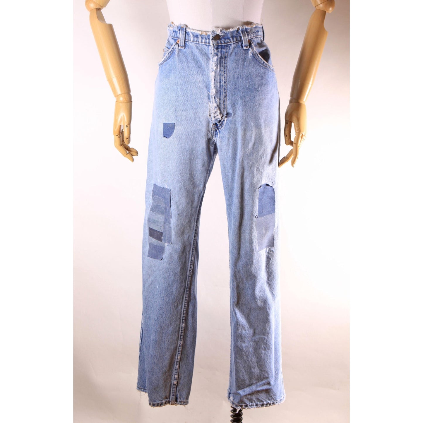 1980s Distressed Patch Fraying Blue Denim Orange Tab 517 Jeans by Levi's -38x30