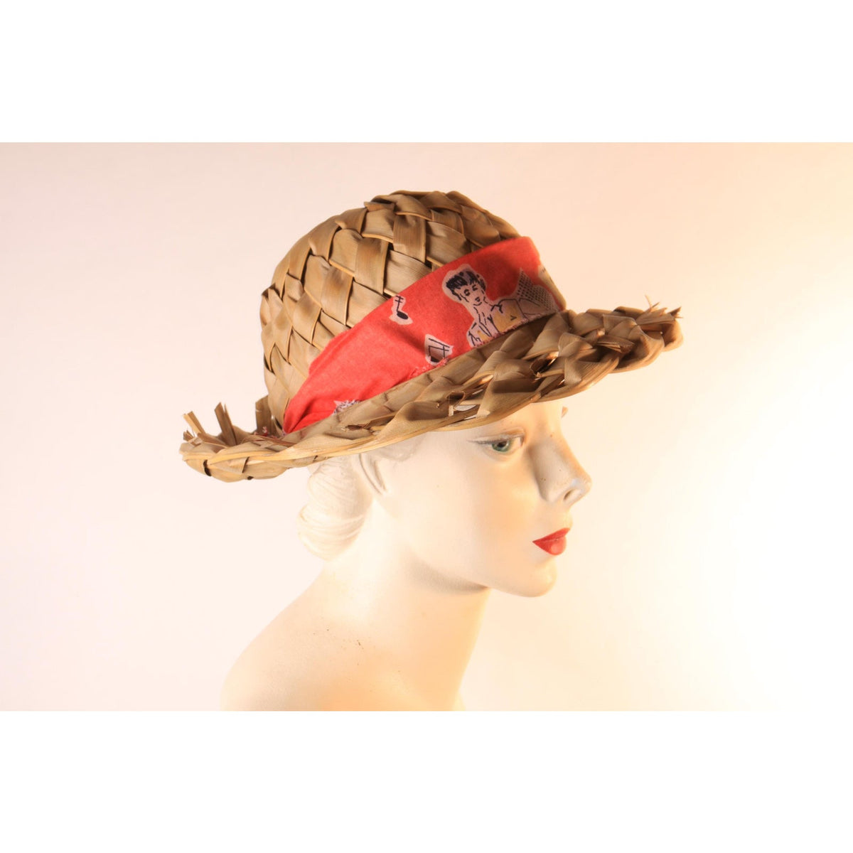 1950s Straw Wicker Woven Novelty Girls Woman Fabric Headband Sun Hat