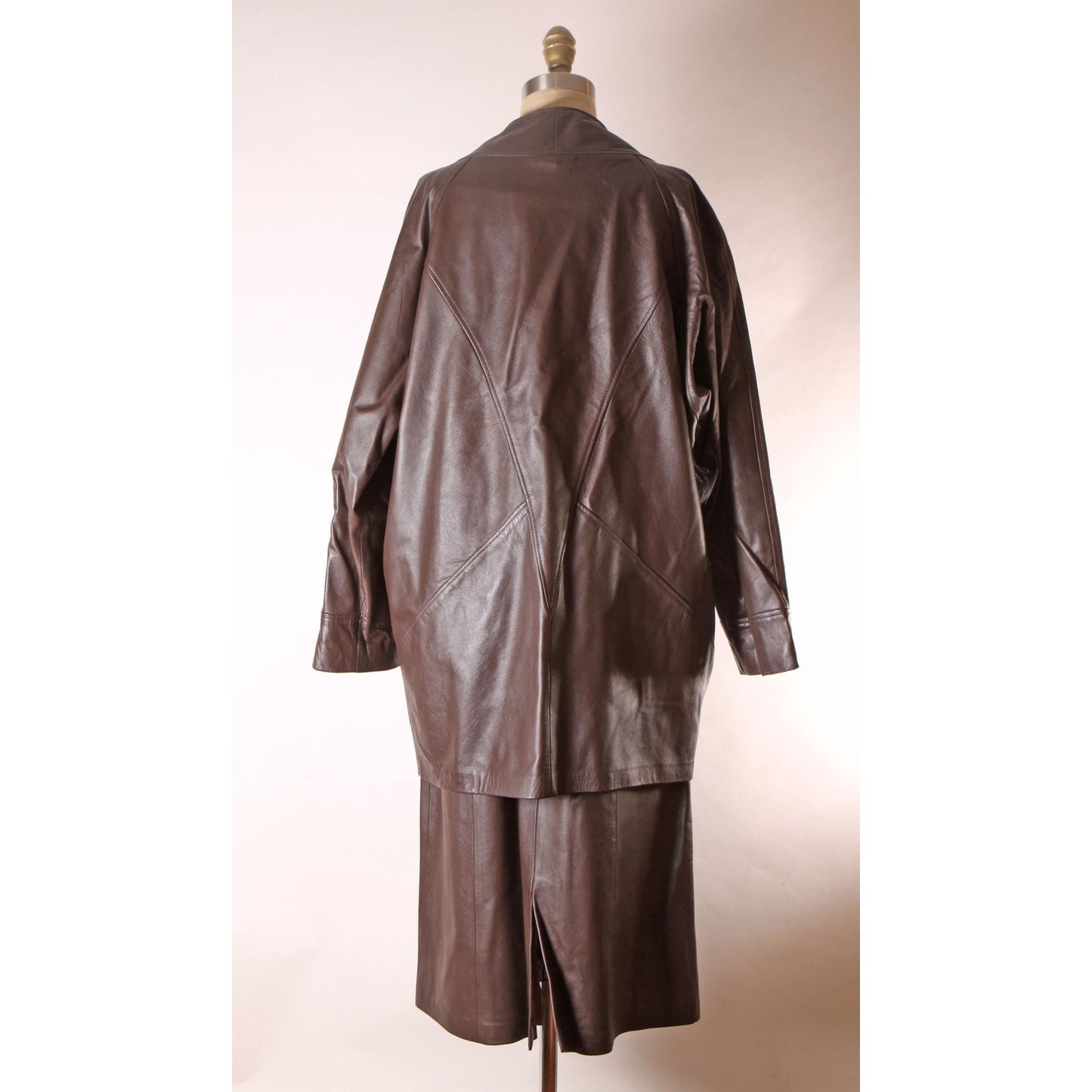 Deadstock Late 1970s Early 1980s Brown Leather Jacket with Matching Skirt Two Piece Skirt Suit by New England Sportswear -M-L
