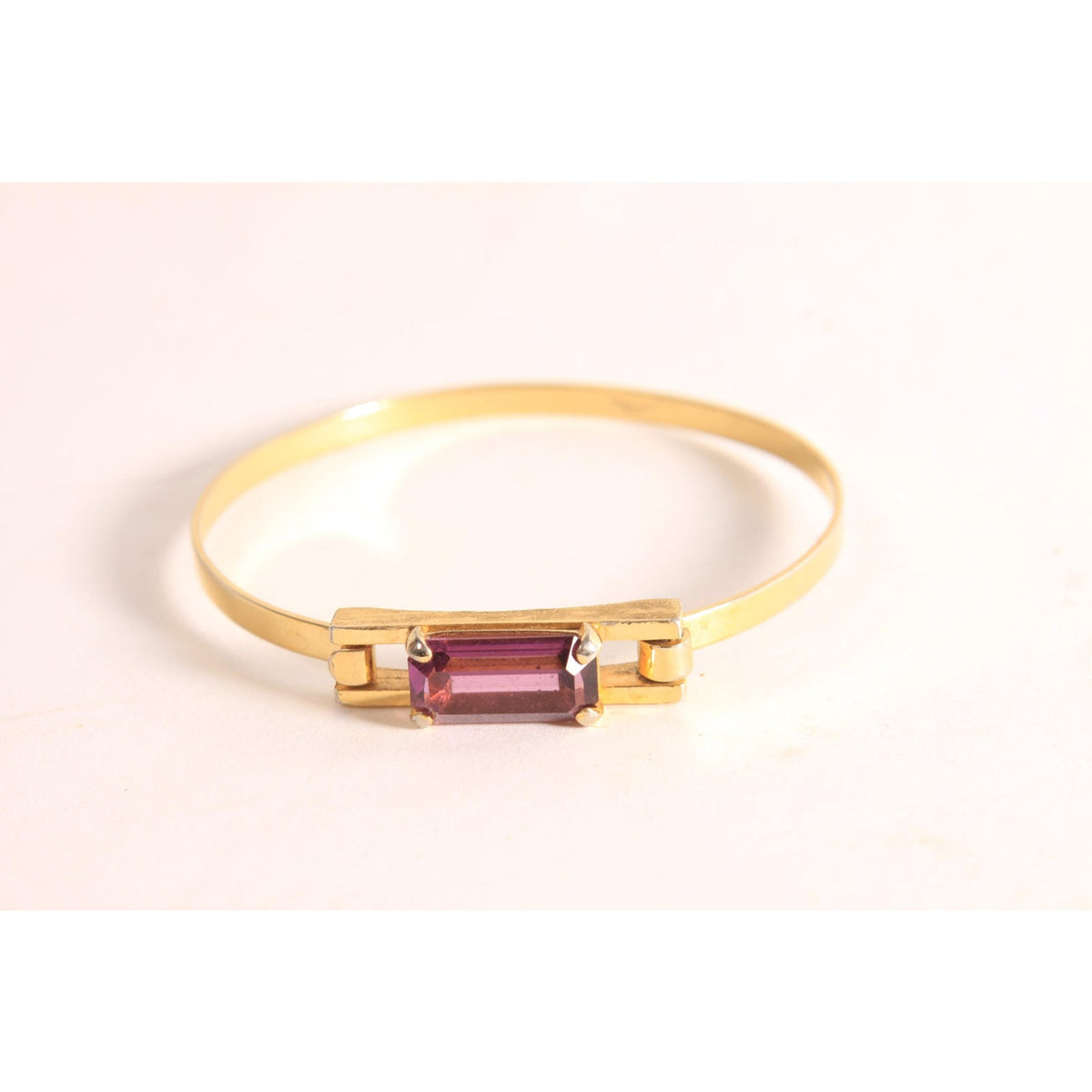 1970s Gold Tone Metal and Dark Purple Square Faux Amethyst Stone Bracelet by Avon