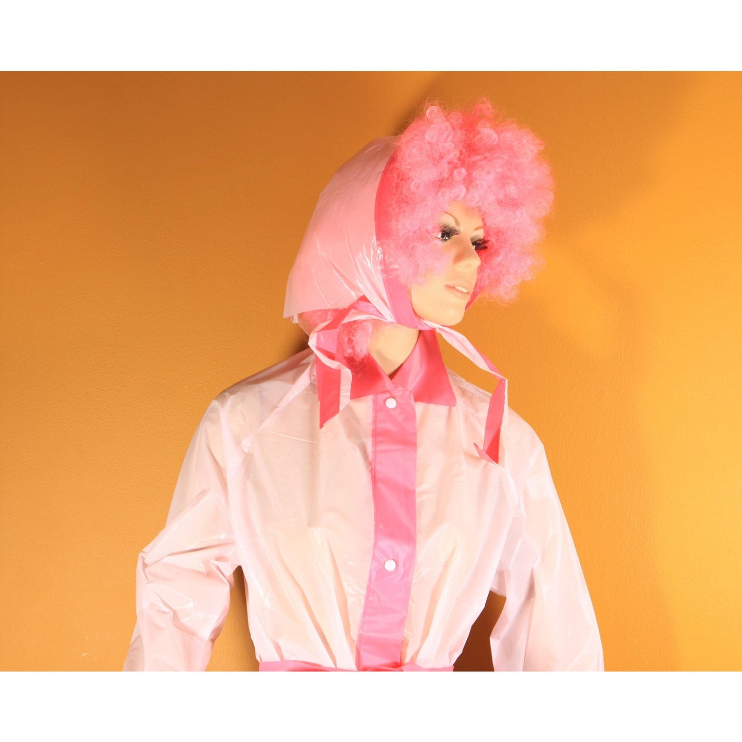 Deadstock 1950s Two Tone Pink Metal Snap Belted Raincoat with Matching Rain Bonnet -S