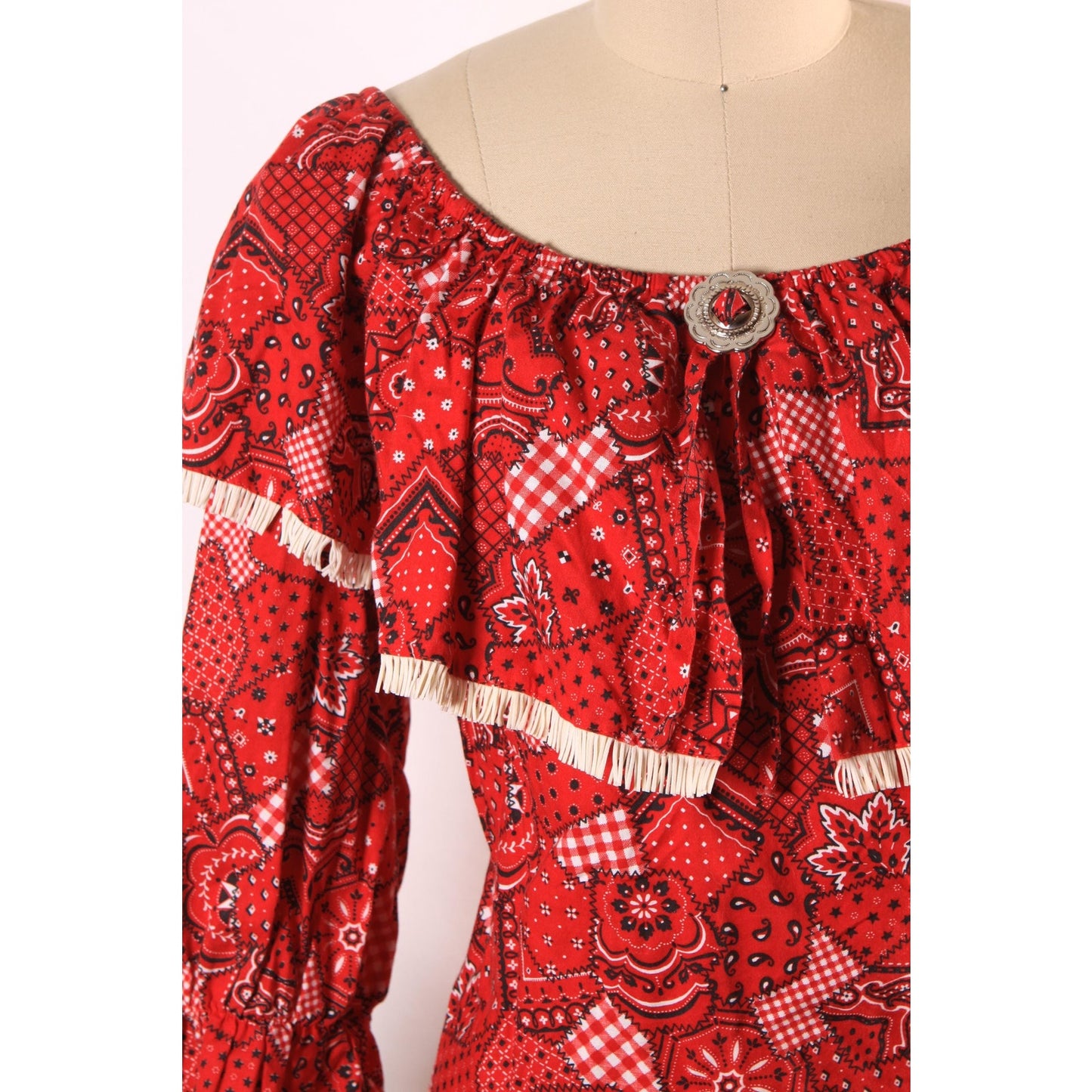 1980s Red, Black and White Novelty Bandana Print Fringe Trim Western Cowgirl Off the Shoulder Blouse Top -M