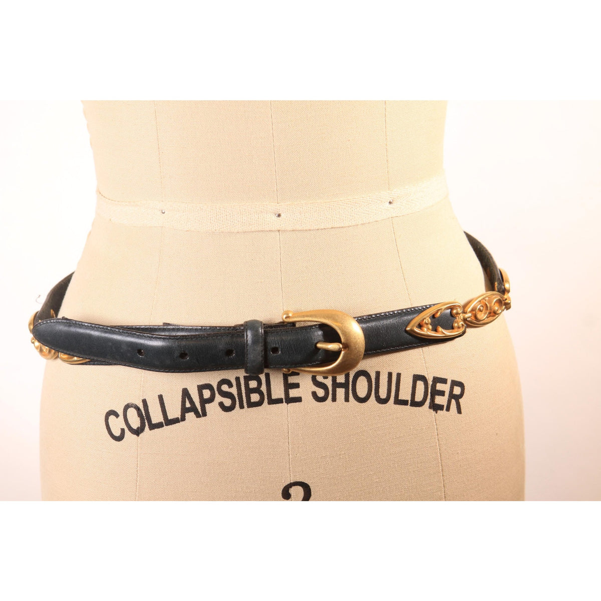 1980s 1990s Navy Blue and Gold Leather and Metal Filigree Belt by Brighton