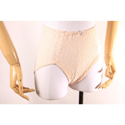 Late 1970s Early 1980s Peach Pink Floral Lace High Waisted Floral Detail Underwear Panties by Bali-XL