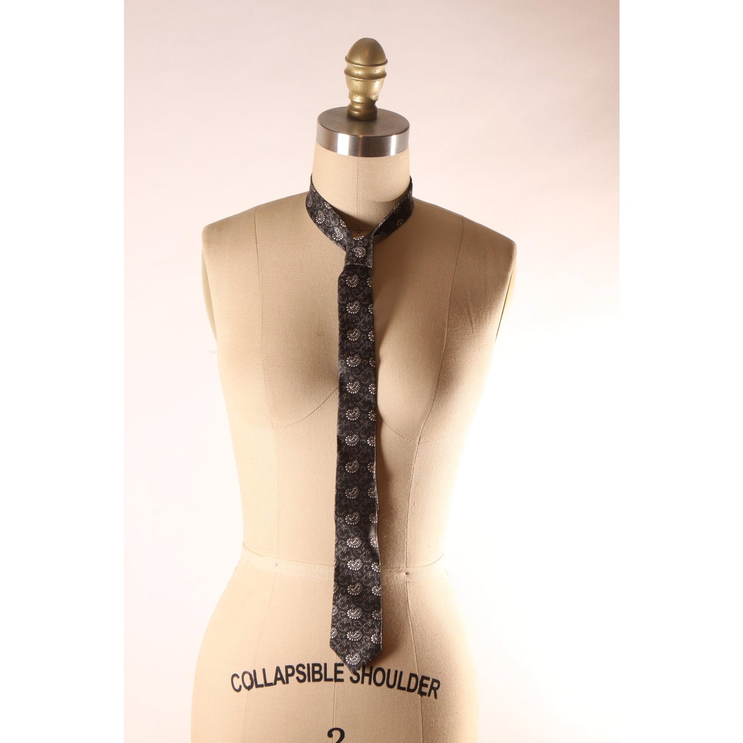 1960s Black and Silver Paisley Skinny Necktie Tie