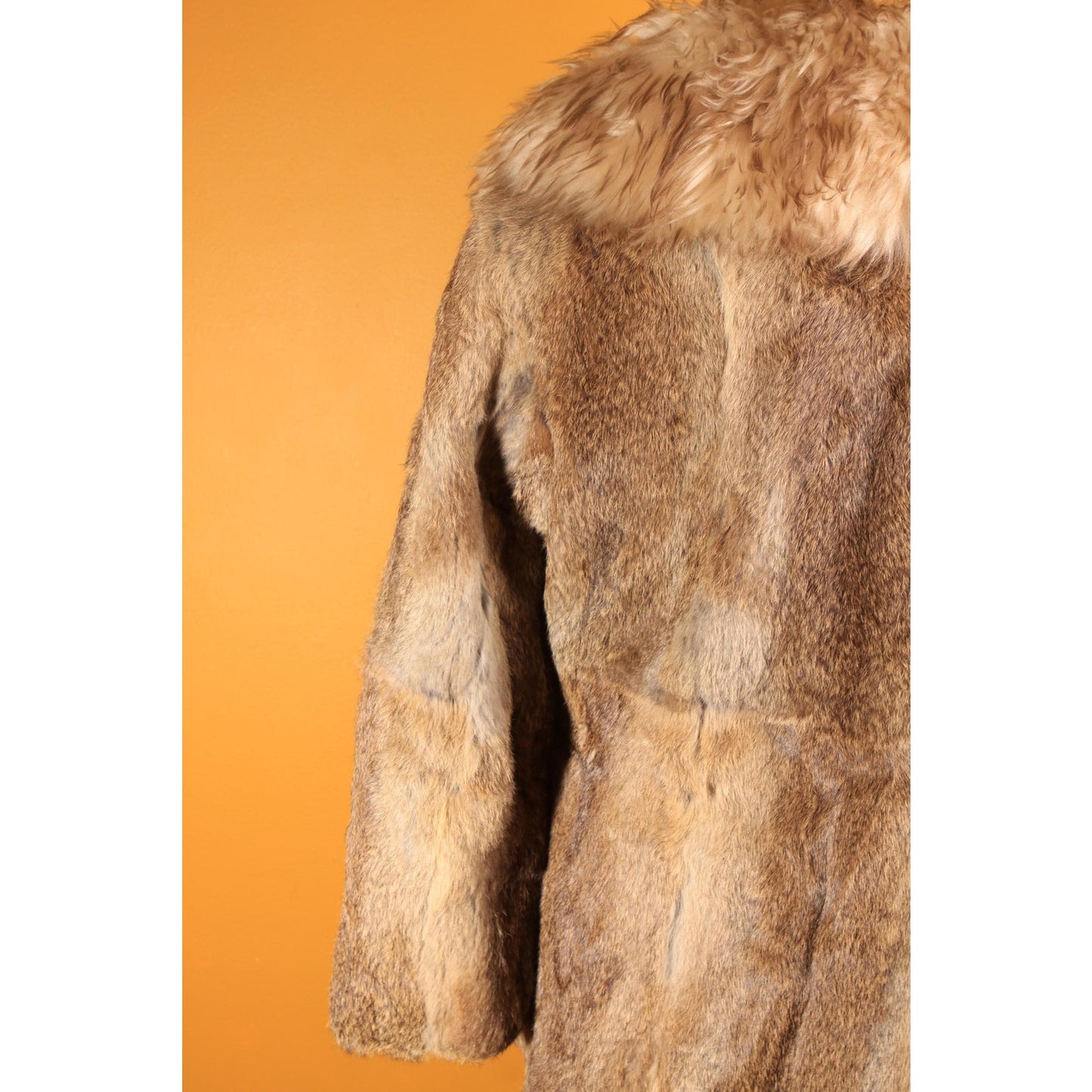 1970s Brown and Gray Rabbit Fur and Shearling Trim Collar Coat by Montgomery Ward -M-L