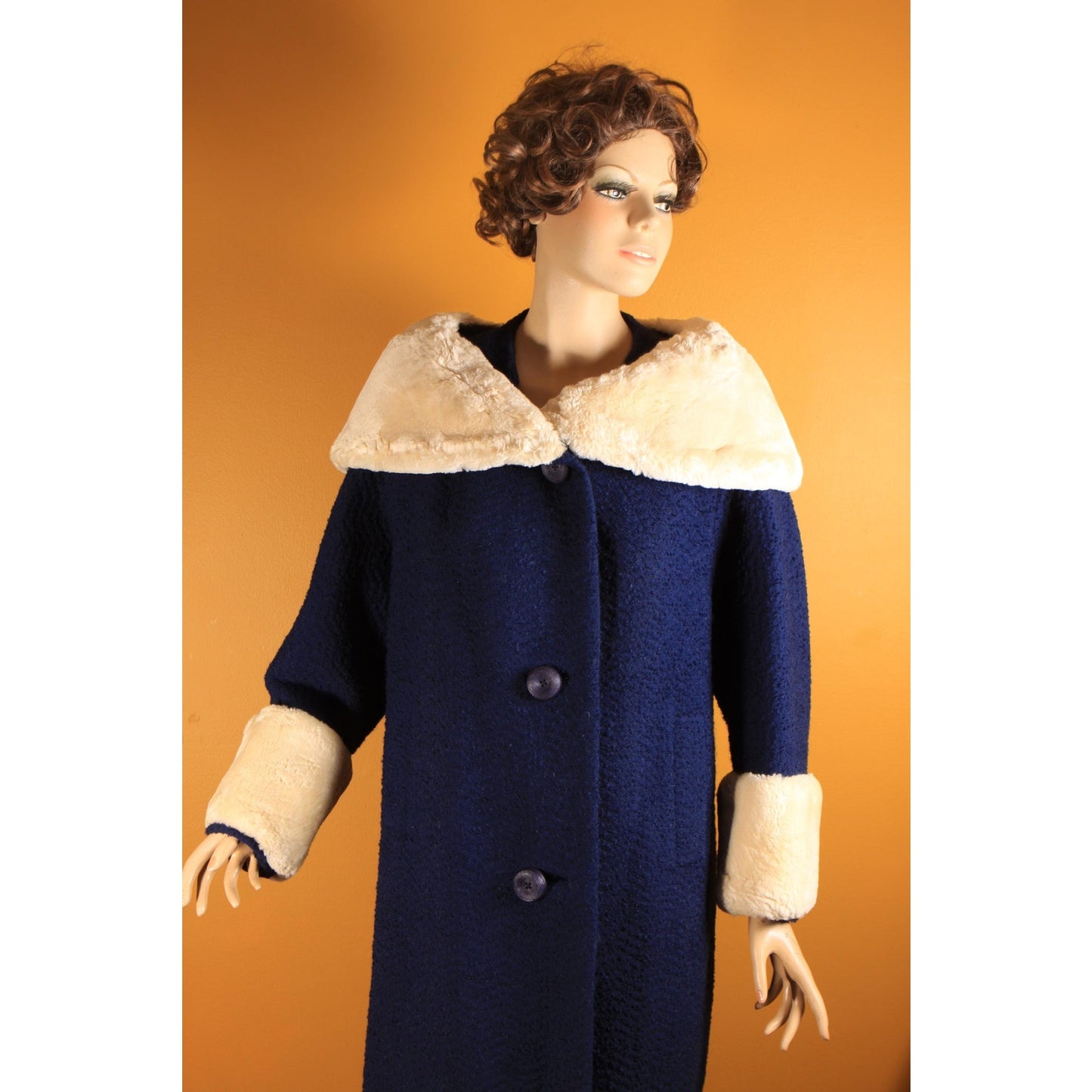 1950s Blue Long Sleeve Cream Sheared Chinchilla Fur Cuff and Collar Coat by Adler's and Jeshiva -XL