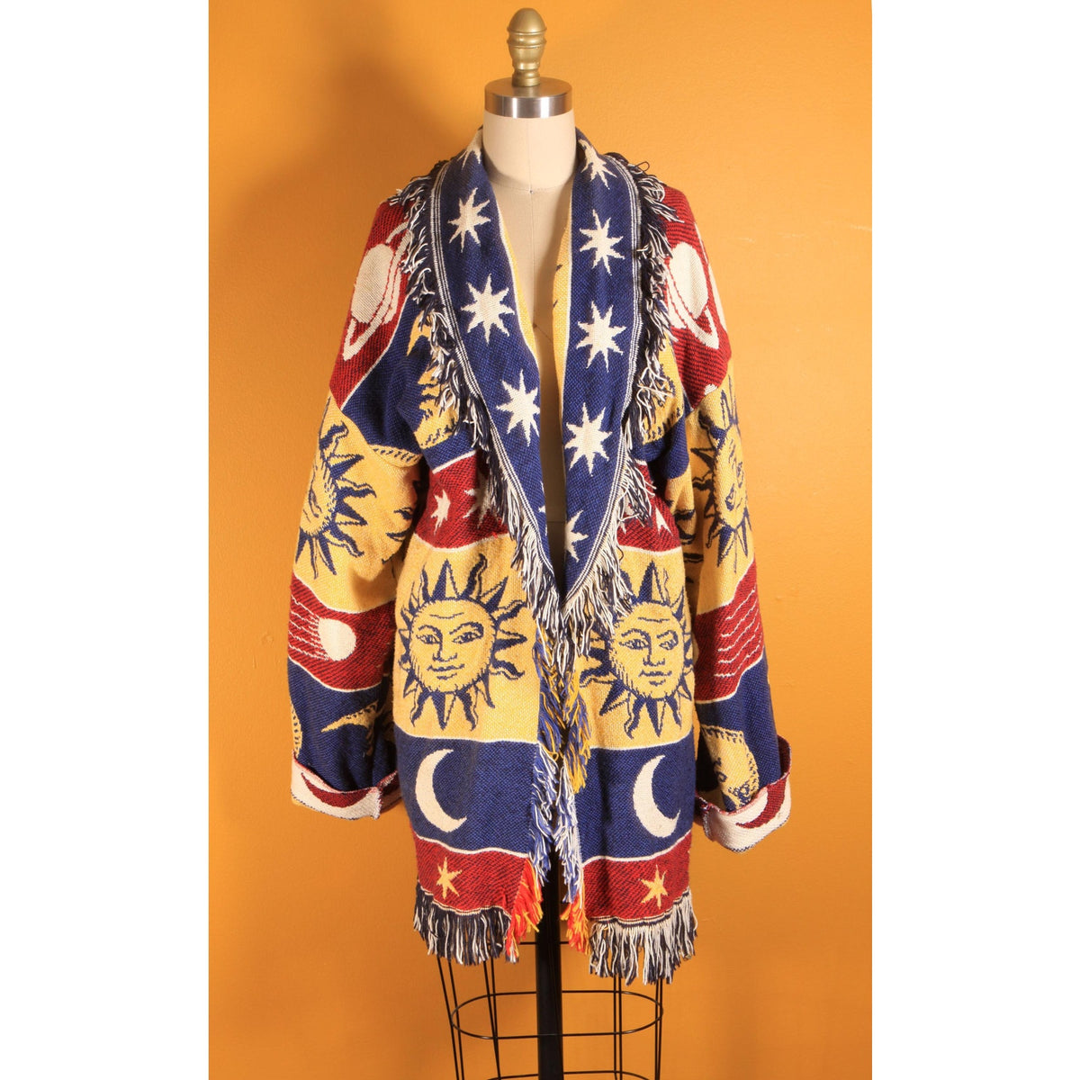 1990s Navy Blue, Yellow, Red and White Novelty Celestial Sun, Moon and Stars Fringe Tapestry Quilt Blanket Jacket Coat -M-XL