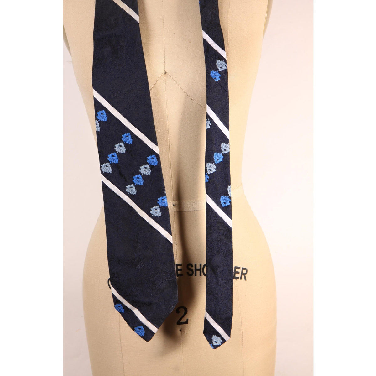 1970s Navy Blue, Light Blue and White Polyester Striped Patterned Necktie Tie by Brittania