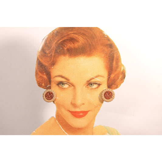 1950s Tan and Brown Woven W Shape Leather Circle Western Screw Back Earrings